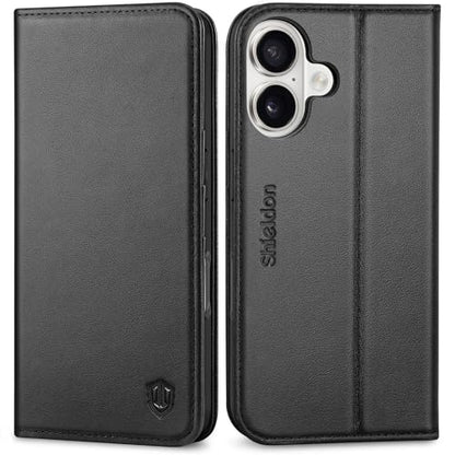 SHIELDON Genuine Leather Folio Wallet Case for iPhone 17 6.3" 2025, Black | Flip Magnetic Cover, Kickstand, RFID Blocking, 3 Credit Card Holder, Book Design, Shockproof, Soft Inner Phone Case - color: Black