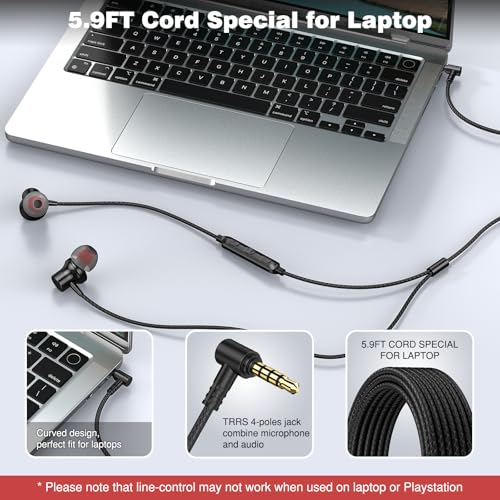 ASKUBSKU 3.5mm Headphones 5.9 ft Long Cord Wired Earbuds with Mic, Black - color: Black