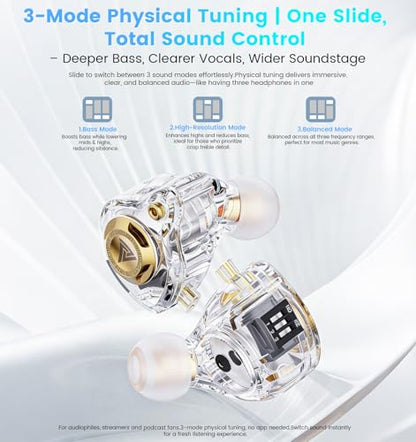 Wired Gaming Earbuds with Mic, 11mm Dynamic Driver HiFi in Ear Monitors, 3-Way Adjustable Tuning Switch Detachable Cable IEM Earphones, Deep Bass Noise Isolating Headphones for Musician Game PC Laptop - color: White