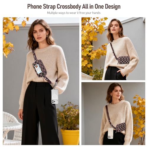 Tiostep Clip and Go Strap for Phone with Wallet Crossbody Phone Lanyard Adjustable and Detachable RFID Wristlet Wallet (Black Brown Checkered, Medium) - color: Black Brown Checkered, size: Medium