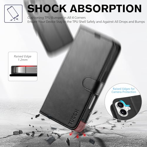 TUCCH Wallet Case for iPhone 16 (6.1") 2024, 4 Card Holders, Black | RFID Blocking, Viewing Stand, Shockproof TPU Shell, PU Leather, Magnetic Closure, Protective Folio Flip Cover - color: Black
