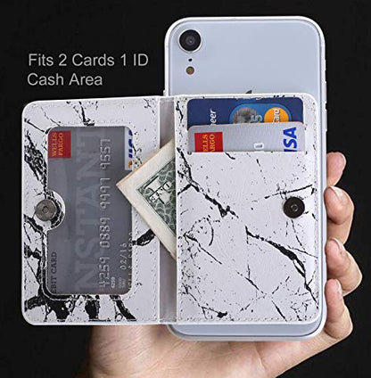 CheapSunday ID Card Holder for Back of Phone Leather Phone Wallet Stick On with Stand Flip Waterproof Leather Adhesive Wallet for Most Cellphones (Marble White) - color: Marble White