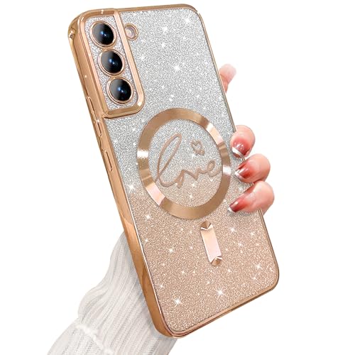 ZONRW for Samsung Galaxy S21 Case Magnetic,for Women Girl Soft Cute Luxury Love Heart Plating Bling Gradient Glitter Clear Phone Case Compatible with MagSafe Shockproof Back Cover 6.2”-Gold - color: Gold, size: Samsung Galaxy S21