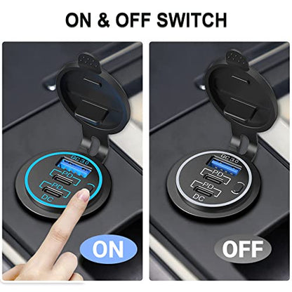 USB C Car Charger Socket – 58W Lengthened RV USB Outlet 12V Socket Dual 20W PD3.0 USB-C and 18W QC3.0 Car USB Port with Button Power Switch for Boat Marine Motorcycle