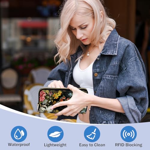Ladies Wallet,Clutch Purses for Women Wallets Leather Credit Card Holder for Women Wristlet Slim Small Cute with Zipper,Thin RFID Blocking with Wrist Strap,Butterfly Flower - color: Butterfly Flower