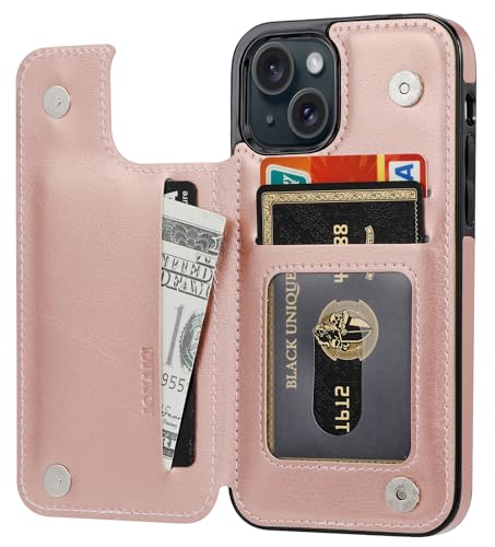Wallet Case Compatible with iPhone 15,Slim Protective case with Card Holder,Premium PU Leather Kickstand Card Slots Case with 1 Screen Protective Glass for iPhone 15 (6.1")-Rose Gold - color: Rpse Gold