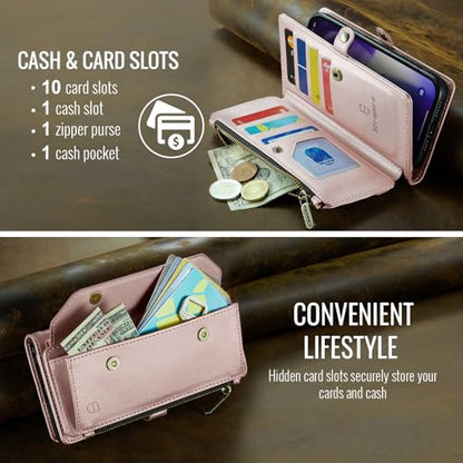 Strapurs for iPhone 17 Pro Max - Zipper Strap Wallet Case Women, Rose Gold | RFID Blocking 10-Card Holder, Shoulder Lanyard, Wirst Strap, Zipper Pocket, Magnetic Snap, Soft PU Leather, Phone Flip Cover - color: Rose Gold, size: iPhone 17 Pro Max - 6.9"