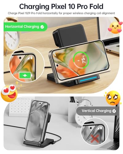 Meifigno 3 in 1 Foldable Wireless Charger for Google Pixel Watch 3/2, Black - color: Black