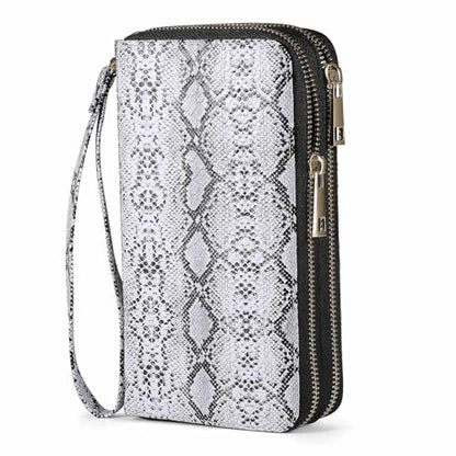 Double Zipper Wallet for Women That Hold Big Cell Phone with 17 Card Slots and Coin Pocket, RFID Blocking Anti Theft, Snakeskin - color: White Snakeskin