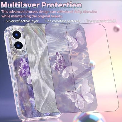 Compatible with iPhone 16 Case,with [Shockproof Protective][Camera Protection] Cute Butterfly Aesthetic Phone Cover Anti-Yellowing Soft Slim Cover for Women Girl-Purple - color: Purple Butterfly, size: iPhone 16