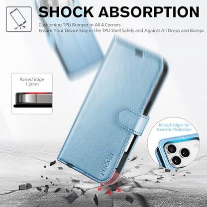 TUCCH Wallet Case for iPhone 17 Pro (6.3"), 4 Card Slots, Pearly Light Blue | RFID Blocking, Viewing Stand, Shockproof TPU Shell, PU Leather, Magnetic Closure, Protective Folio Flip Cover - color: Pearly Light Blue