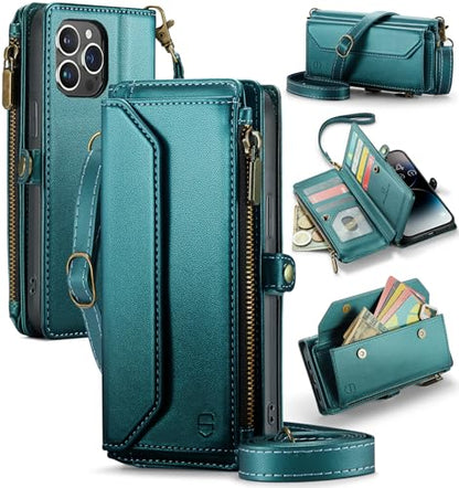 Strapurs Wallet Case Compatible with iPhone 14 Pro Max RFID Blocking 10-Card Holder Soft PU Leather Magnetic Snap Shoulder Strap Zipper Pocket Phone Case Fit for iPhone 14 Pro Max - Blue Green | RFID Blocking 10-Card Holder, Shoulder Lanyard, Wirst Strap,