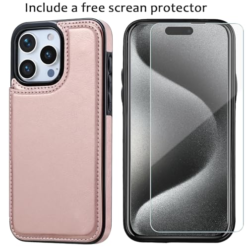 Wallet Case Compatible with iPhone 15 Pro Max(6.7"),Slim Protective case with Card Holder with 1 Screen Protective Glass,Premium PU Leather Kickstand Card Slots Case-Rose Gold - color: Rose Gold