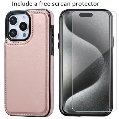 Wallet Case Compatible with iPhone 15 Pro Max(6.7"),Slim Protective case with Card Holder with 1 Screen Protective Glass,Premium PU Leather Kickstand Card Slots Case-Rose Gold - color: Rose Gold
