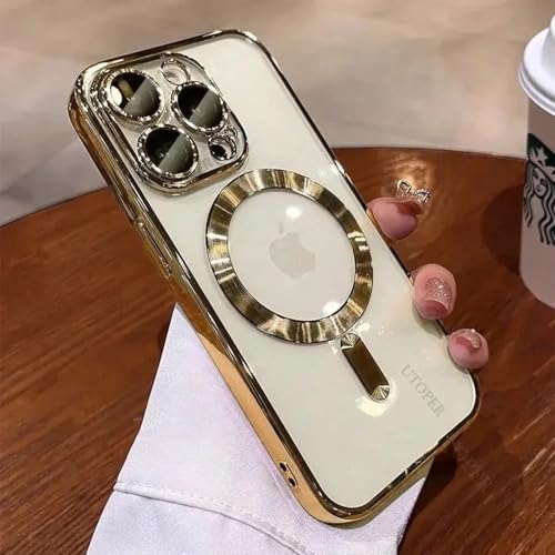 MIFEDUCT Magnetic for iPhone 13 Pro Case Clear [Compatible with MagSafe] Anti Yellow 13 Pro Case with Camera Len Protector Luxury Plating Soft TPU Shockproof Protective Phone Cover 6.1", Gold - color: Gold, size: For iPhone 13 Pro 6.1"