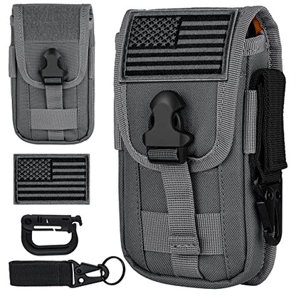 Tactical Cell Phone Holster Pouch Case, Molle Attachment Belt Holder for 4.7"-6.9" with US Flag Patch and Gear Clip for iPhone 18 Pro Max/17 Pro/16 Pro - color: Gray