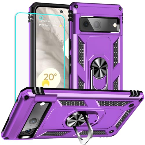 Yiakeng for Google Pixel 7 Case: with Screen Protector - Military Grade Protective Cases with Finger Ring Holder Kickstand for Pixel 7(Purple) - color: Purple, size: Google Pixel 7 Case