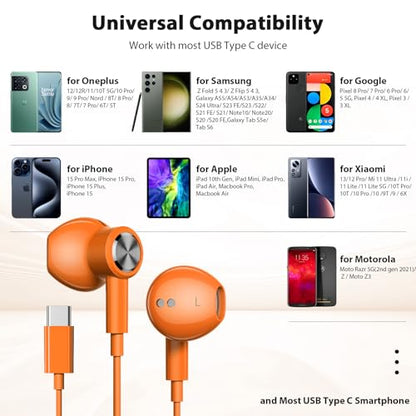 Jelanry Magnetic USB-C Wired Earbuds HiFi Stereo Headphones with Mic Orange - color: Orange