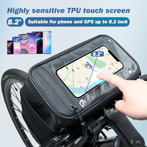 Bike Handlebar Bag with Rain Cover, Bicycle Front Phone Bag with Touch Screen, Adjustable Shoulder Waterproof Dual Zippers Insulated Basket Bag for Mountain Road Bike, Cycling Accessories
