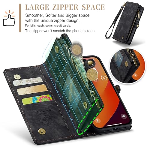 Compatible with iPhone 15 Pro Max Wallet Case with Magsafe,Black | Magnetic Detachable Case,Card Holder,Zipper Pocket,Strap Wristlet, Soft Leather Drop-Proof Phone Case for iPhone 15 Pro Max - color: Black, size: iPhone 15 Pro Max 6.7"