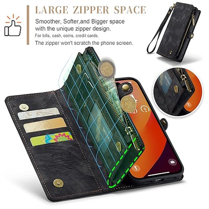 Compatible with iPhone 15 Pro Max Wallet Case with Magsafe,Black | Magnetic Detachable Case,Card Holder,Zipper Pocket,Strap Wristlet, Soft Leather Drop-Proof Phone Case for iPhone 15 Pro Max - color: Black, size: iPhone 15 Pro Max 6.7"