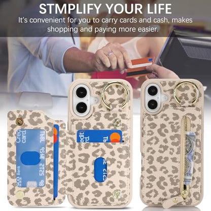 Ｈａｖａｙａ for iPhone 16 case Wallet with Card Holder for Women Men Shockproof Phone case with Keychain Ring Stand Leather Zipper Credit Card Slots-Off White Leopard Print - color: Off White leopard print-Ring