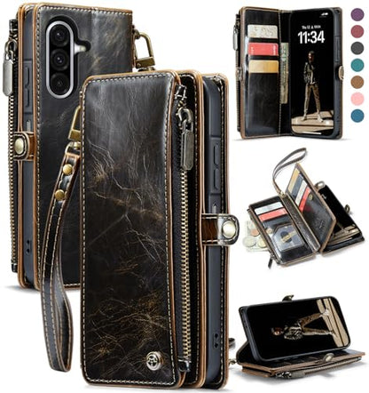 Defencase for Samsung Galaxy A36 5G Wallet Case with Card Holder, Coffee | RFID Blocking, Zipper Pocket, Durable PU Leather, Wrist Strap, Fashion Snap Flip Phone Cases Cover with Stand for Women Men - color: Coffee