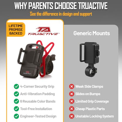 TruActive Premium Bike Phone Mount Holder for Kids and Teens | Universal Cell Phone Mount for 4"-7" Phones | Includes 6 Reusable Color Bands | Tool-Free Handlebar Mount Install for Boys & Girls Bikes - style: Bike Phone Mount 2