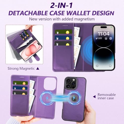 2 in 1 PU for iPhone 16 Pro Leather Case, Detachable Wallet Case with Card Holder, Removable Flip Folio Cover with RFID Blocking, Stand Shockproof Phone Cover (Compatible with MagSafe) Purple - color: Purple, size: Iphone 16 pro
