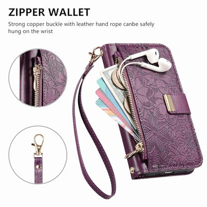 for iPhone 17 Pro Max Phone Case Wallet, Purple | Built-in Card Holder (8-10 Cards), Zipper Pocket, Wrist Strap, Stand Kickstand, Flower PU Leather Protective Phone Case Women - color: Purple, size: iPhone 17 Pro Max