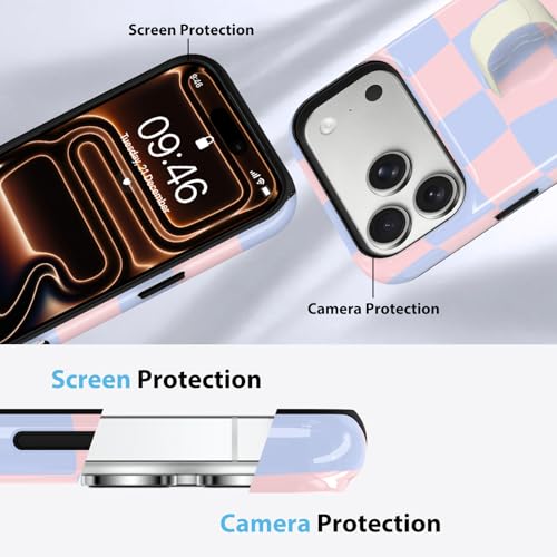 KANGHAR Compatible with iPhone 17 Pro Case Checkered -Pink Blue | Silicone Cute Pattern, Finger Hold Wristband Kickstand Camera Protection Soft Slim Phone Case for Girls Women - color: (Checkered)Pink Blue, size: iPhone 17 Pro