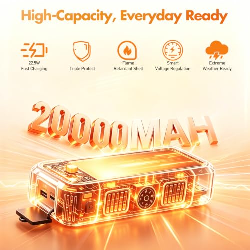 Solar Power Bank 20000mAh, 22.5W Fast Charging, Dual Flashlight, Black