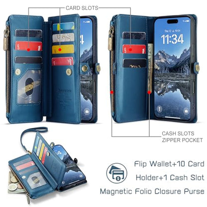 Defencase for iPhone 17 Pro Max Wallet Case with RFID Card Holder, Blue | Durable Soft PU Leather, with Zipper Pocket, Wrist Strap, Fashion Snap Flip Phone Cases Cover with Stand for Women and Men - color: Dark Blue