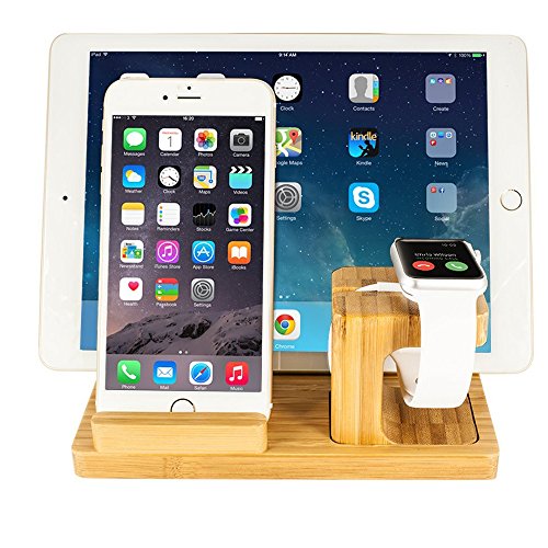 Bamboo Wood Multi-Device Desktop Charging Dock Station Charger Holder Cradle Charge Stand for iPhone 16 15 14 13 12 11 Pro Max iWatch 2 3 4 5 Compatible with iPad Mini Air Pro 2 3 Smartphones