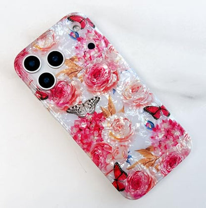 Qokey Compatible with iPhone 17 Pro Max Case 6.9", Cute Clear Flowers Design for Girls Women Shell Pattern Soft Bumper Lightweight Slim Fit TPU Shockproof Phone Cover, Rose Butterfly - color: Rose Butterfly