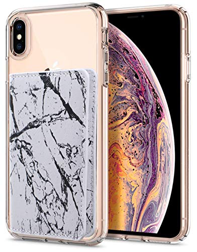 CheapSunday ID Card Holder for Back of Phone Leather Phone Wallet Stick On with Stand Flip Waterproof Leather Adhesive Wallet for Most Cellphones (Marble White) - color: Marble White