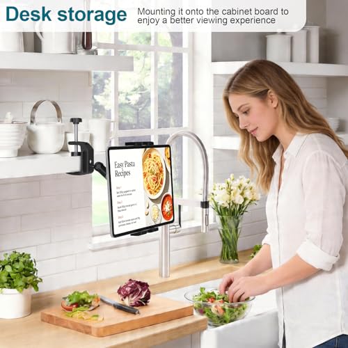 Under Cabinet Tablet Mount, Kitchen Tablet Holder iPad Mount for Desk/Table/Board/Chair,Compatible with 4.7~12.9" iPad/Nexus/LG G Pads/e-Reader/Switch/iPhone,360° Adjustable Aluminum Alloy Arm Stand - style: Tablet Mount