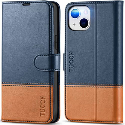 TUCCH Wallet Case for iPhone 14 Plus 6.7", 4 Card Holders, Blue & Brown | RFID Blocking, Viewing Stand, Shockproof TPU Shell, PU Leather, Magnetic Closure, Protective Folio Flip Cover - color: Dark Blue & Brown