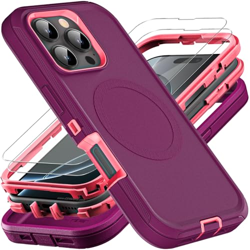 YKHJKLEC for iPhone 16 Pro Case, Compatible with Magsafe, Military Grade 3 in 1 Heavy Duty Shockproof/Drop Proof/Dust Proof Case with 2Pcs Tempered Glass Screen Protector (New-Purple/Pink) - color: New-Purple/Pink