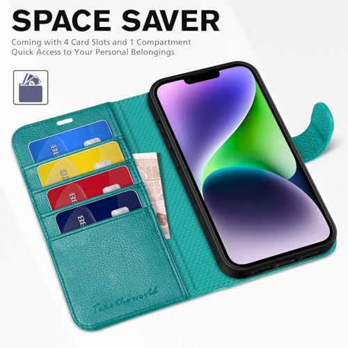 TUCCH Wallet Case for iPhone 14 (6.1") 2022, 4 Card Holders, Cyan | RFID Blocking, Viewing Stand, Shockproof TPU Shell, PU Leather, Magnetic Closure, Protective Folio Flip Cover - color: Cyan - Textured