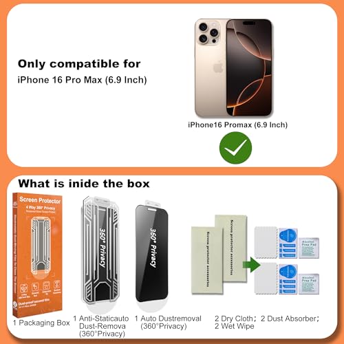 360° 4 Way Privacy Screen Protector for iPhone 16 Pro Max [2 Pack], Anti-Spy Tempered Glass, 9H Hardness Shatterproof, 3D Curved Edges, Case-Friendly, Bubble-Free Easy Installation - size: for iPhone 16 Pro Max