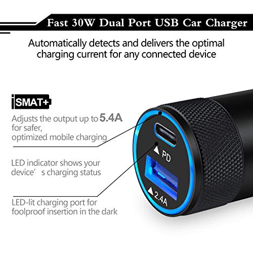 USB C 고속 차량용 충전기, 30W 3.0 PD 타입 C 자동차 어댑터 2 포트 USB C 자동차 플러그 - color: C-블랙