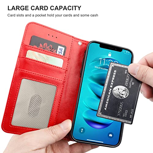 Bocasal Detachable Wallet Case Card Holder for iPhone 14, Red | RFID Blocking Kickstand Card Slots Holder PU Leather Magnetic Shockproof Wrist Strap Removable Flip Protective Cover 6.1 inch - color: Red