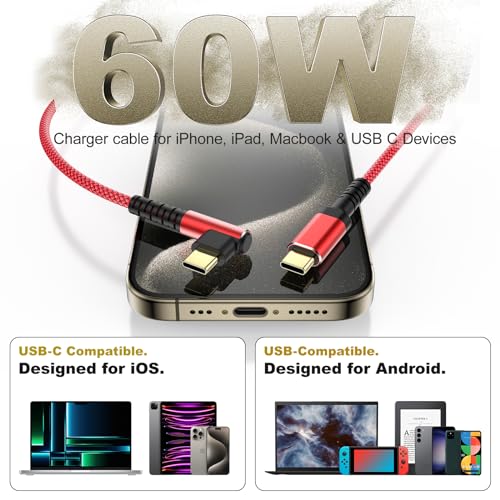 60W USB-C to USB-C Charge Cable,3-Pack 10ft Braided Right Angle USB C Cable - color: Red