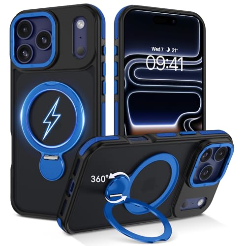 DUEDUE for iPhone 17 Pro Case with 360°Spin Magnetic Stand[Compatible with MagSafe][Rotatable Ring Holder], Translucent Cover Slim Protection Cases for iPhone 17 Pro 6.3", Blue/Black - color: Blue/Black, size: for iPhone 17 Pro 6.3"