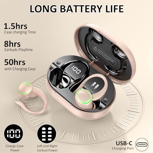 Matast Wireless Earbuds, Bluetooth 5.4 Headphones Sports, 50H Playback Over-Ear Buds with ENC Noise Cancelling Mic, 3D HiFi Stereo Fitness Earphones with Earhooks, IP7 Waterproof Headset for Runing - color: Shiny Pink