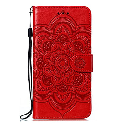 EYZUTAK Case for iPhone 17e/iPhone 16e, Premium PU Leather Magnetic Closure Flip Wallet Phone Case with Card Holder Cash Slot Stand Function Embossed Mandala Flower Shockproof Lanyard Cover - Red - color: Red, size: iPhone 17e/iPhone 16e