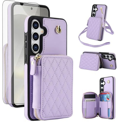 Asuwish Phone Case for Samsung Galaxy S25 5G Wallet Cell Cover with Tempered Glass Screen Protector Wrist Crossbody Strap RFID Blocking Credit Card Holder S 25 25S 25 25S SM-S931U Women Girls Purple - color: Purple