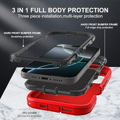 YKHJKLEC for iPhone 16 Pro Case, Compatible with Magsafe, Military Grade 3 in 1 Heavy Duty Shockproof/Drop Proof/Dust Proof Case with 2Pcs Tempered Glass Screen Protector (New-Red/Black) - color: New-Red/Black