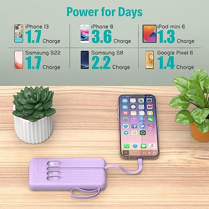 Portable Charger with Built in Cables,10000mAh Slim USB C Power Bank,Purple - color: Purple